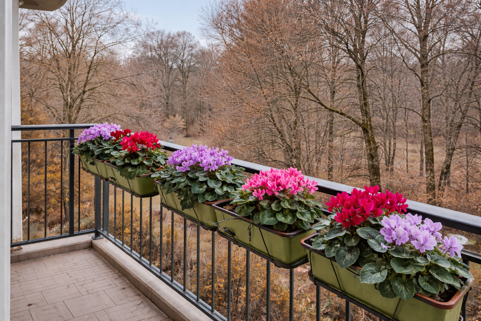Fioriere da balcone con ciclamini rosa, rossi e viola su ringhiera, con alberi spogli in sfondo invernale.