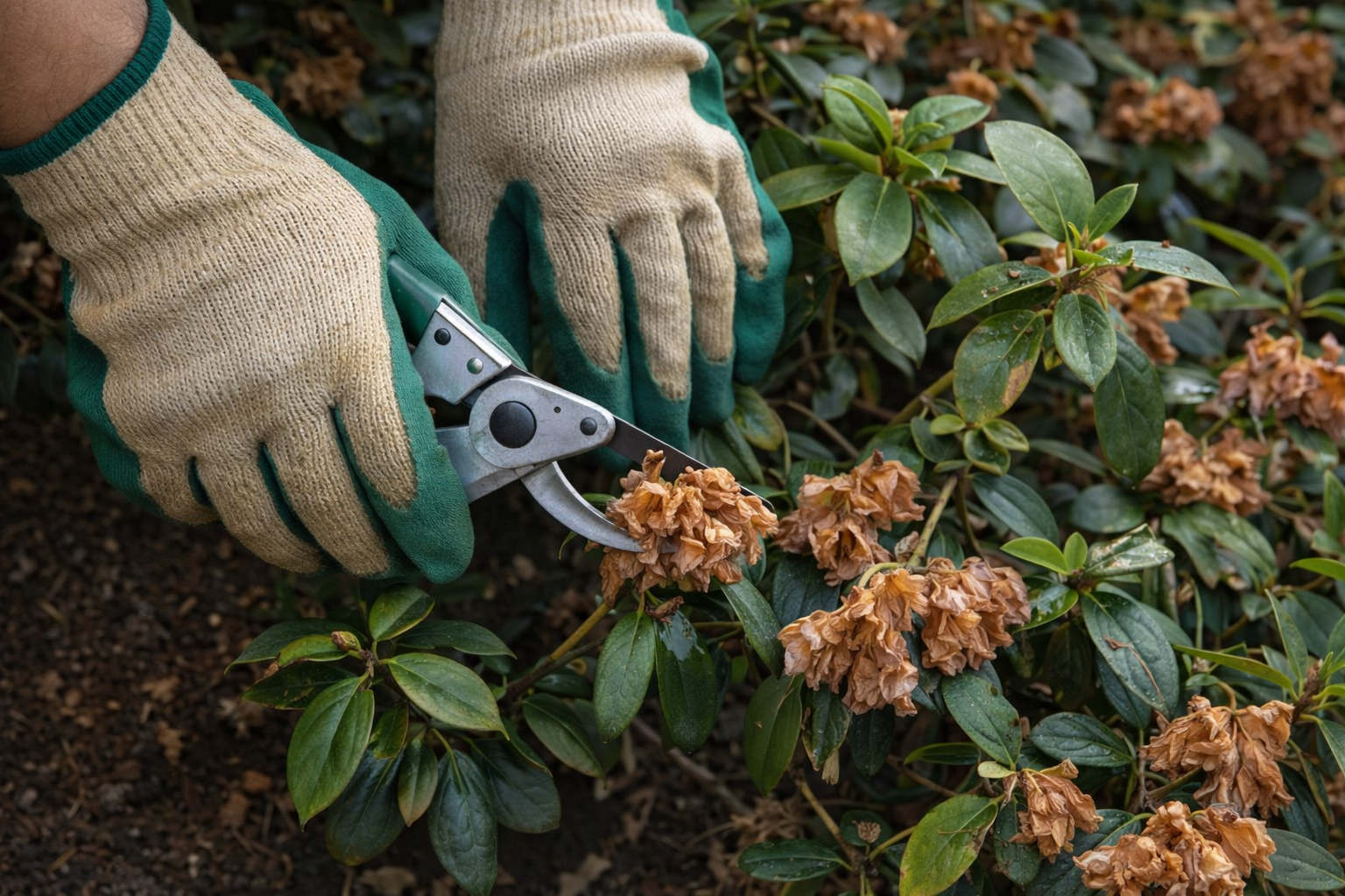 Potatura del rododendro con cesoie, rimozione di fiori secchi tra foglie verdi.
