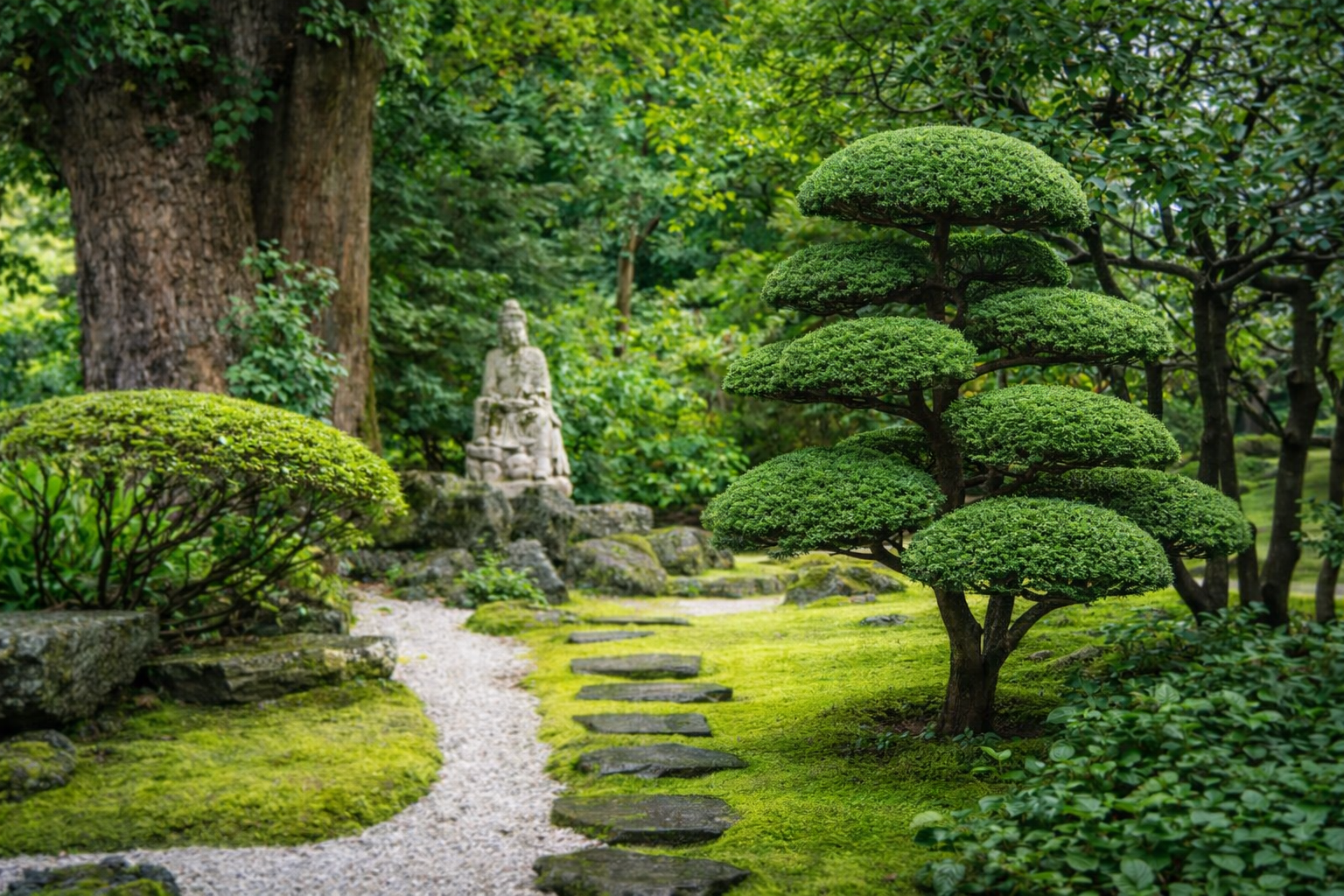 Giardino giapponese con niwaki potato a nuvole e percorso in pietra.