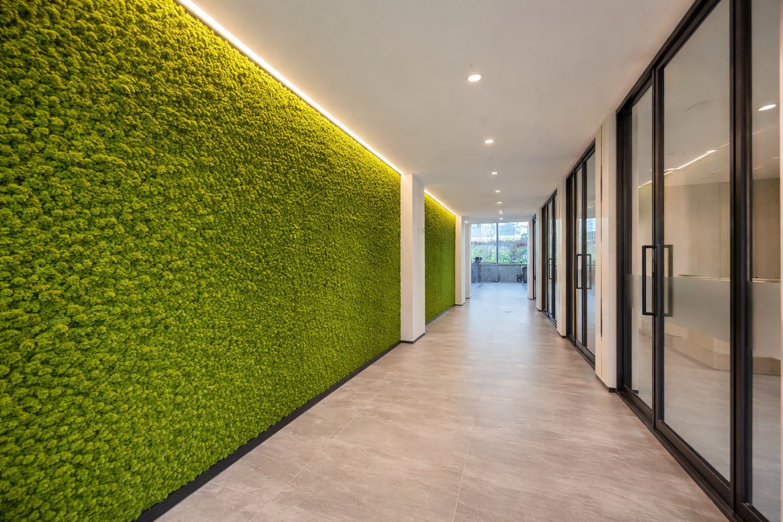 Corridoio moderno con parete verde di muschio illuminata da luce LED.