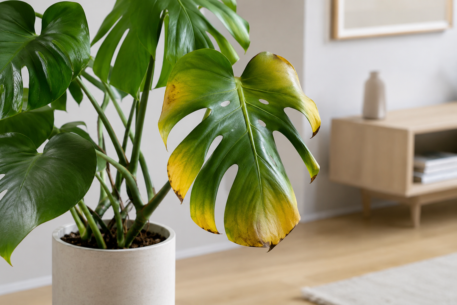 Monstera deliciosa in appartamento minimalista con foglia verde ingiallita ai bordi, segno di stress.