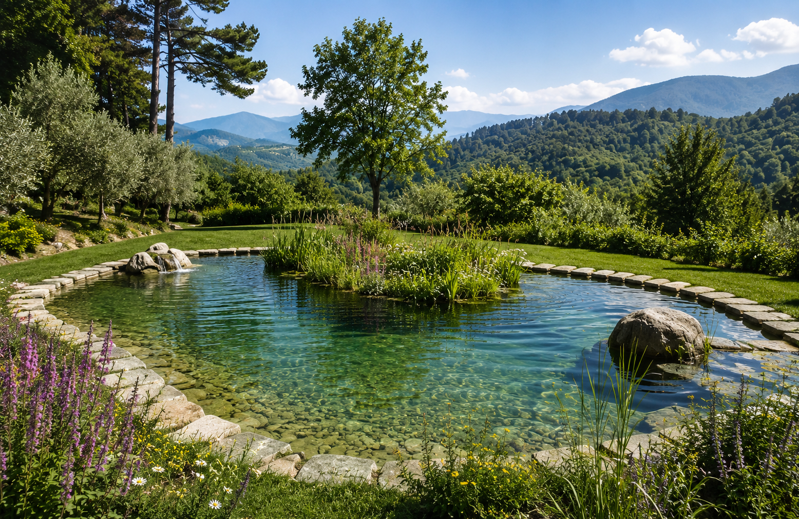 Biolago naturale in giardino paesaggistico con acqua limpida, piante acquatiche, rocce ornamentali e panorama collinare sullo sfondo.