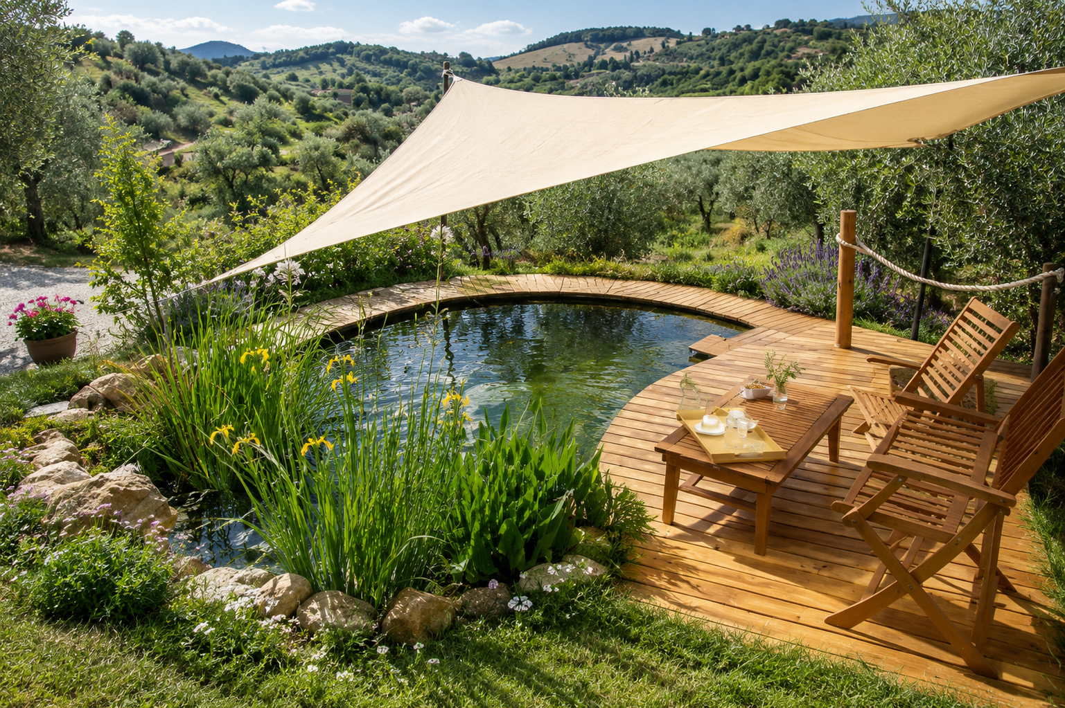 Biolago naturale con bordo in legno e terrazza relax, circondato da piante acquatiche, fiori ornamentali e paesaggio collinare.
