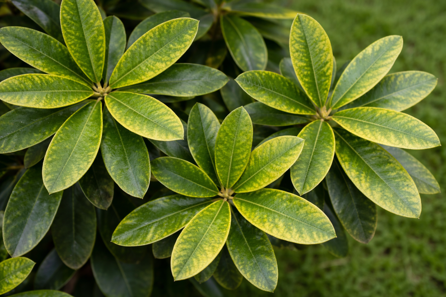 Foglie di rododendro con ingiallimento diffuso e nervature evidenti, in primo piano su sfondo verde sfocato.