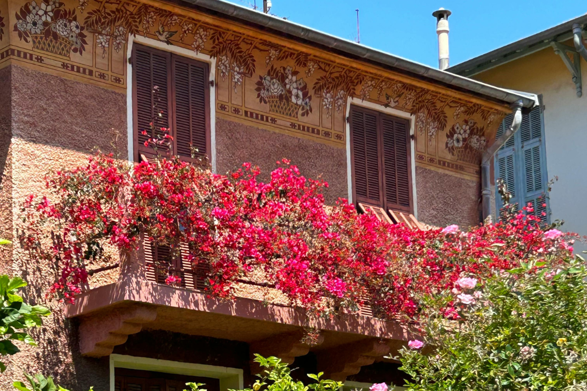 Balcone con bouganville rosa intenso in piena fioritura su facciata decorata.