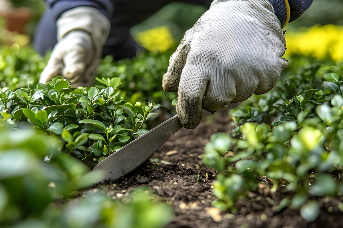 Mano con guanto che utilizza un attrezzo per lavorare il terreno durante la piantagione di una siepe sempreverde in giardino.