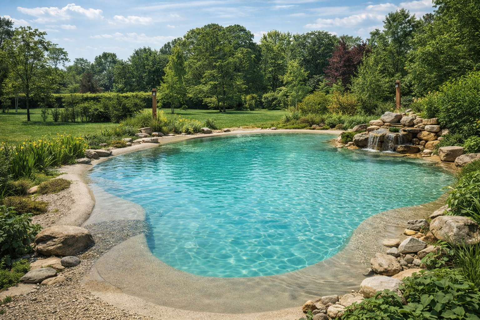 Biopiscina naturale dalla forma organica in un ampio giardino verde, con acqua cristallina, rocce decorative, cascata e vegetazione rigogliosa integrata nel paesaggio.