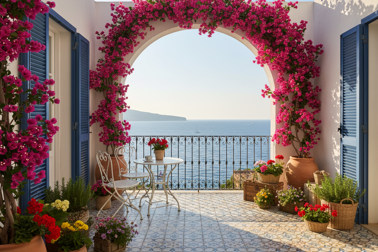 Terrazza con arco fiorito di bouganville rosa affacciata sul mare, con tavolino e piante in vaso.