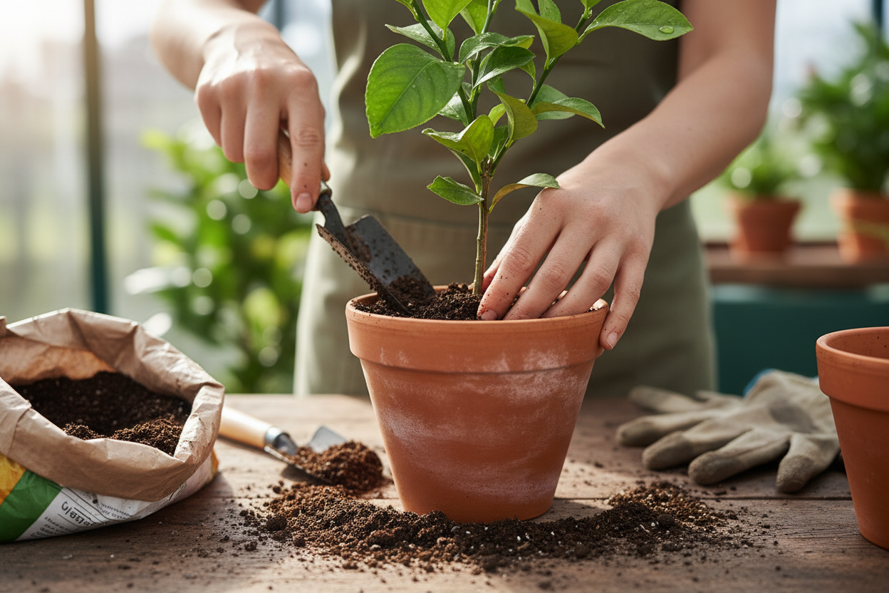 Persona che rinvasa una pianta in vaso di terracotta aggiungendo terriccio, con attrezzi da giardinaggio sul tavolo.