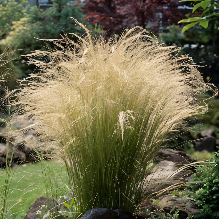 Stipa tenuissima con fogliame fine e morbido e infiorescenze dorate vaporose, in primo piano in un giardino ornamentale.