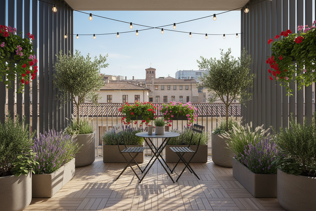 Terrazza urbana con tavolino, sedie e numerose piante in vaso, decorata con luci sospese.