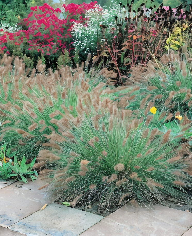 Dettaglio spighe bianco-verdi di Pennisetum alopecuroides Hameln in primo piano