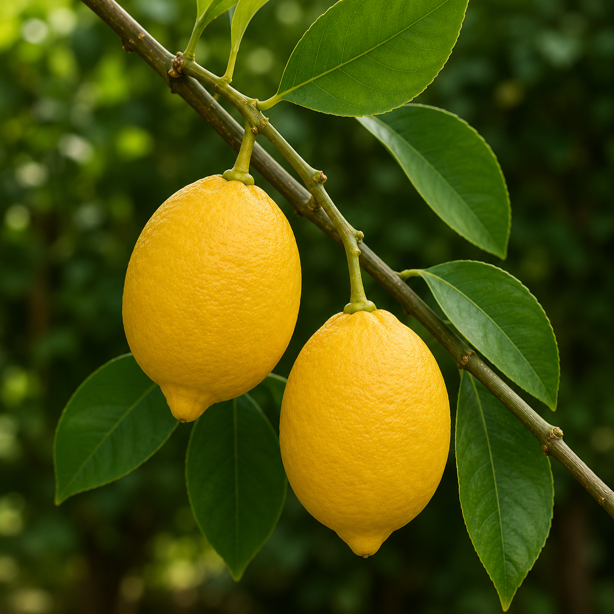 Dettaglio di limoni di Sorrento maturi appesi ai rami illuminati dalla luce naturale