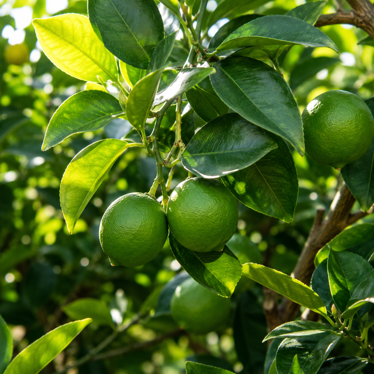Primo piano di lime maturi appesi ai rami tra fogliame verde