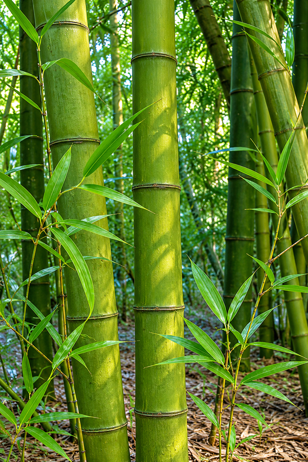 Primo piano del bambù gigante Phyllostachys bambusoides con foglie verdi e culmi robusti.
