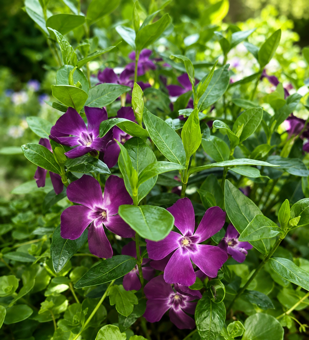 Fioritura viola di Vinca minor Atropurpurea