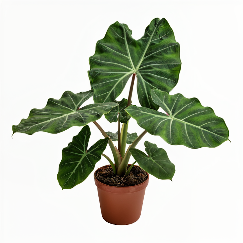 Alocasia macrorrhiza 'Borneo King' con foglie giganti verdi lucide, in un ambiente moderno.