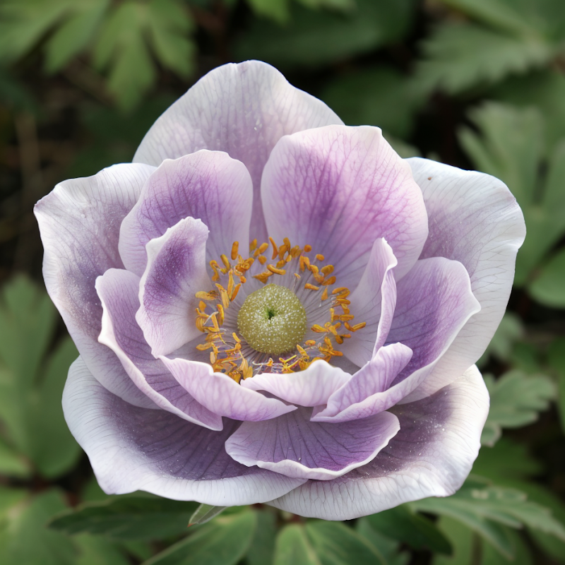 Anemone 'Ruffled Swan' in piena fioritura con petali bianchi increspati e centro giallo, in un giardino ombroso.