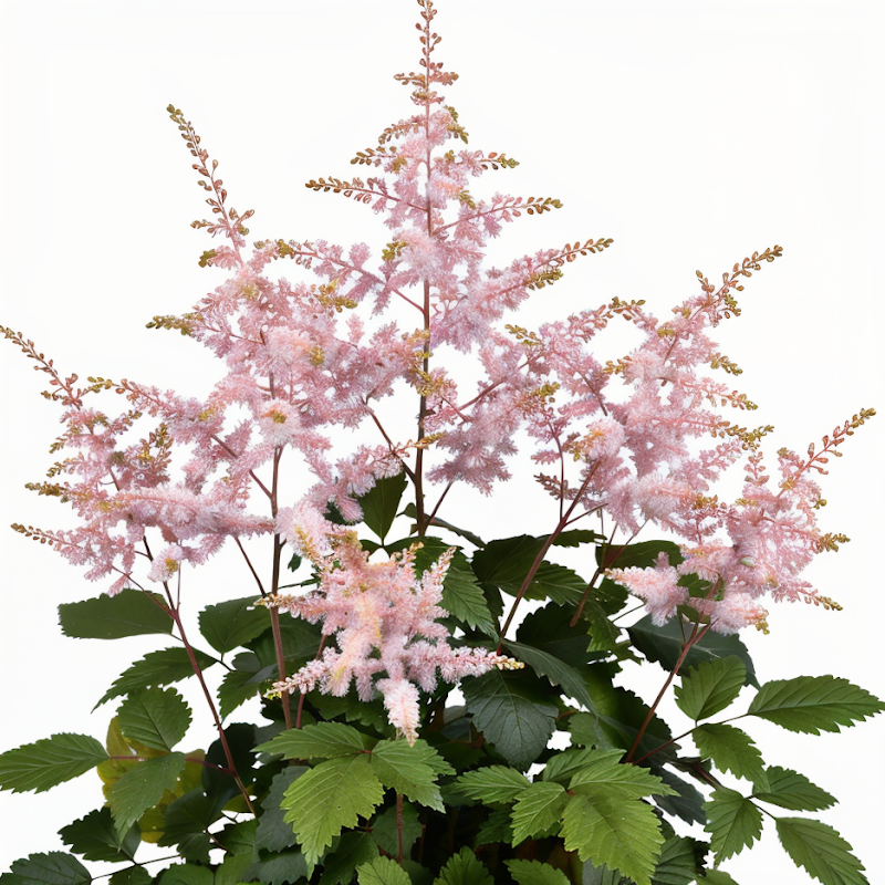 Astilbe Diamant in fiore con eleganti piume bianche in un giardino ombreggiato