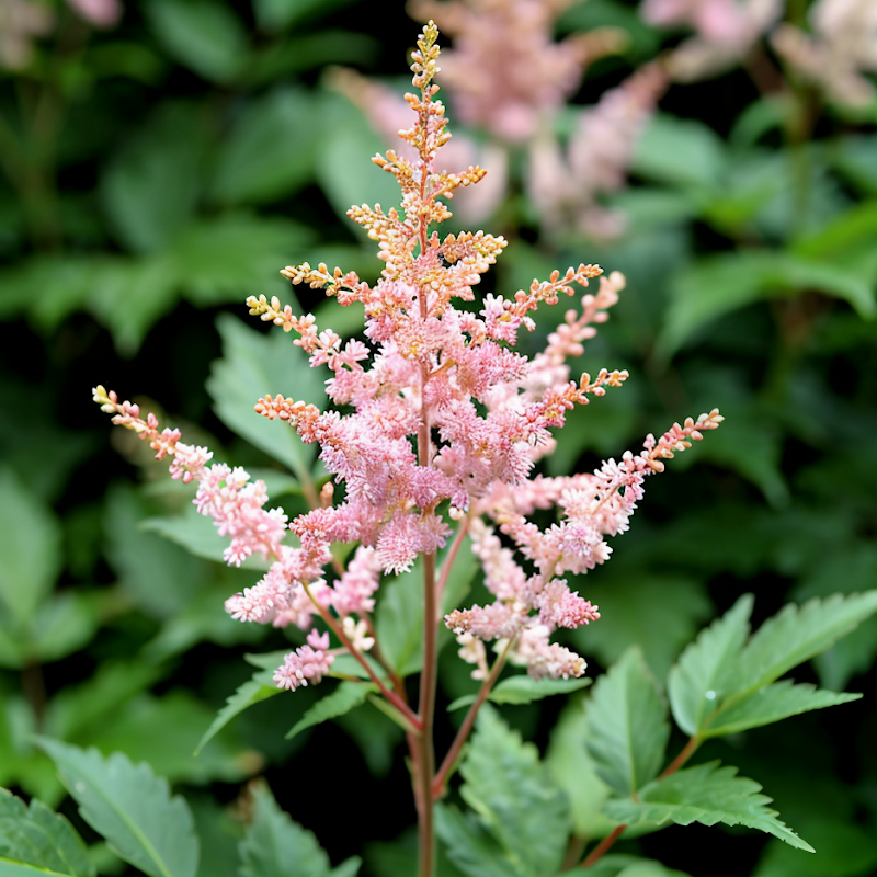 Astilbe 'Finale' fiorita in ombra luminosa nel giardino