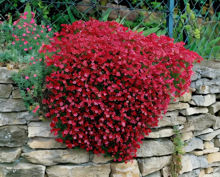 Aubrieta x cultorum 'Cascade Red' con fioritura rossa intensa in giardino roccioso