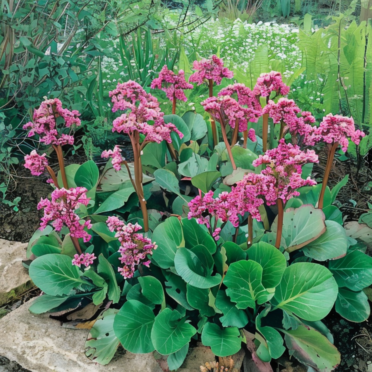 Bergenia cordifolia in piena fioritura, design giardino roccioso