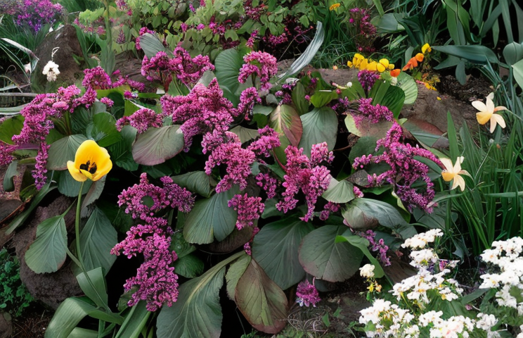 Bergenia crassifolia in fiore, giardineria design esterno