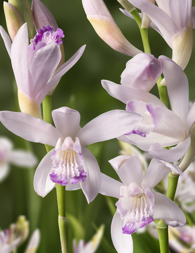 Bletilla striata 'Kuchibeni' con fiori rosa e bianchi in un giardino ombreggiato
