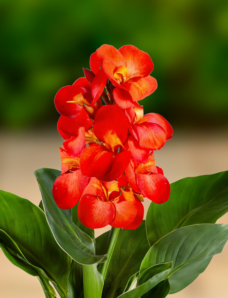 Canna indica 'Cannasun Silvia' con fiori arancioni brillanti e fogliame verde scuro nel giardino