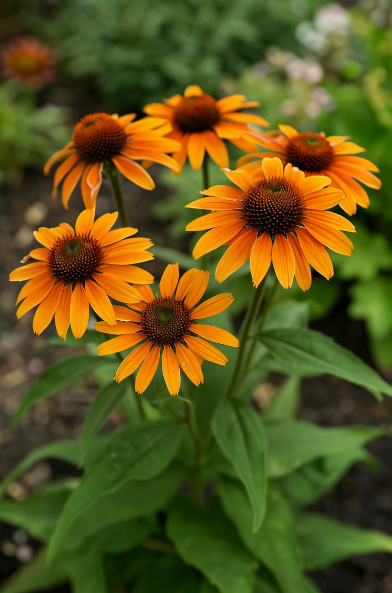 Echinacea purpurea 'Harvest Moon' fiore giallo-arancio in primo piano