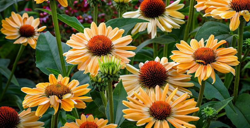 Echinacea purpurea 'Aloha' in fiore giallo-arancio nel giardino, design naturalistico
