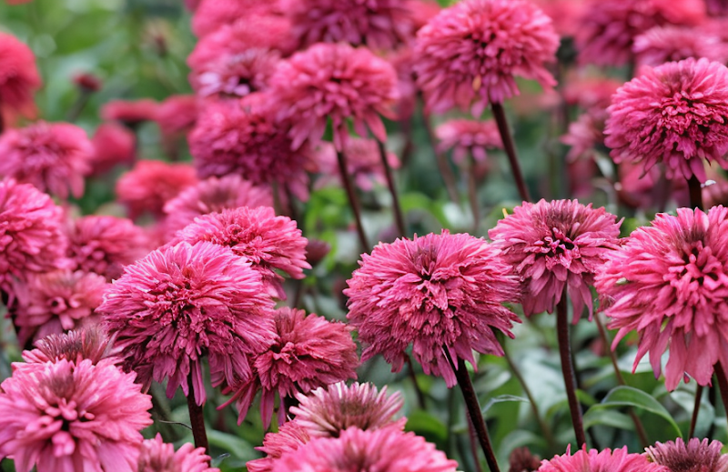 Echinacea purpurea 'Blackberry Truffle' con fiori bordeaux scuri in piena fioritura