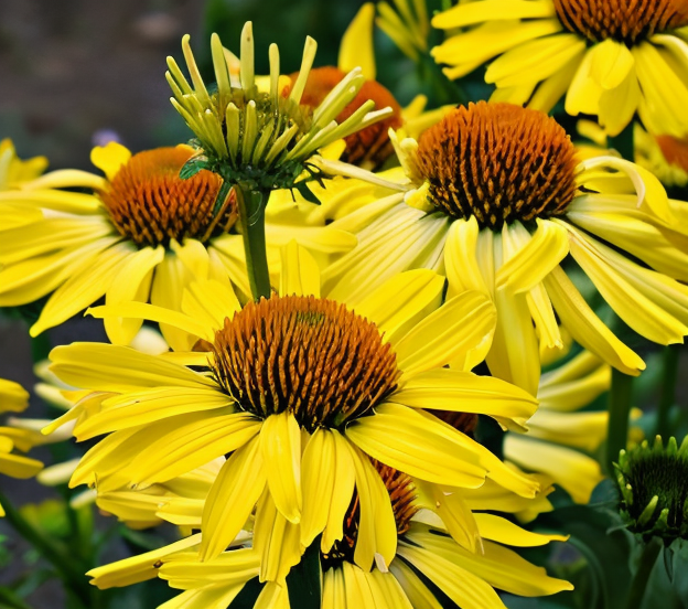 Echinacea Cleopatra fiore giallo brillante e centro prominente in giardino