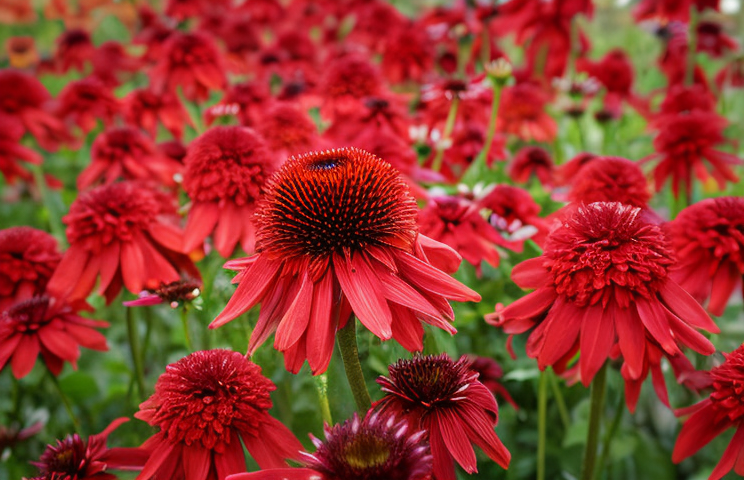 Echinacea purpurea 'Eccentric' fiori rosso-arancio intenso nel giardino