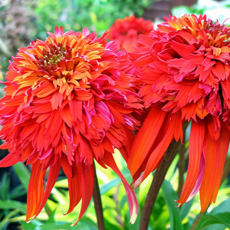 Echinacea Hot Papaya in piena fioritura, colori arancioni vivaci in un giardino soleggiato
