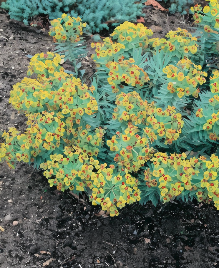 Euphorbia myrsinites in fiore, dettaglio del fogliame glauco-argentato