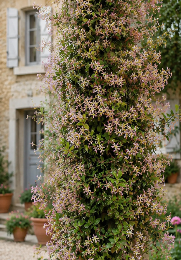 Falso Gelsomino Trachelospermum jasminoides Star of Milano rampicante su colonna in giardino