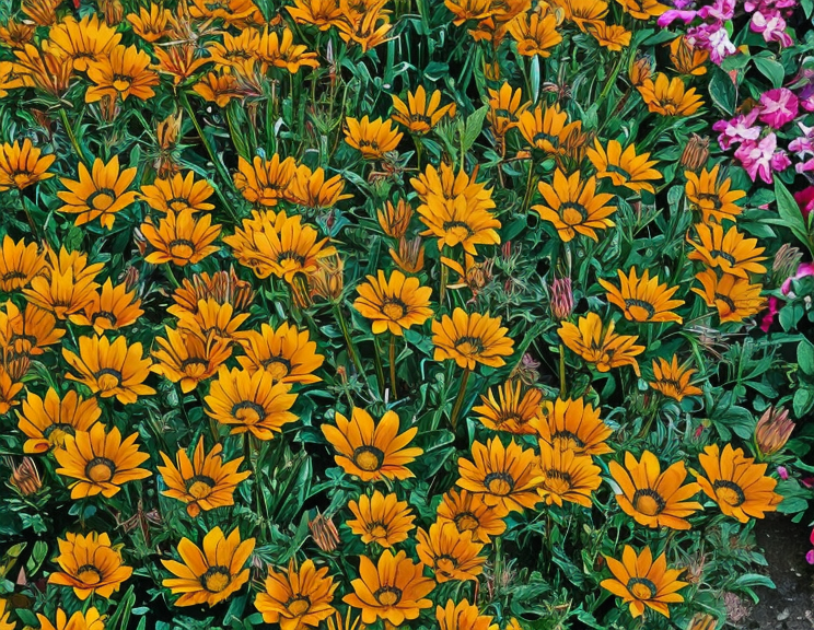 Gazania rigens 'Splendens' fiorita al sole in giardino, primo piano vivace