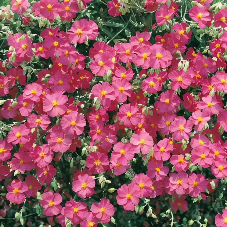 Helianthemum nummularium 'Ben Ope' fiorito in un giardino roccioso sotto il sole.