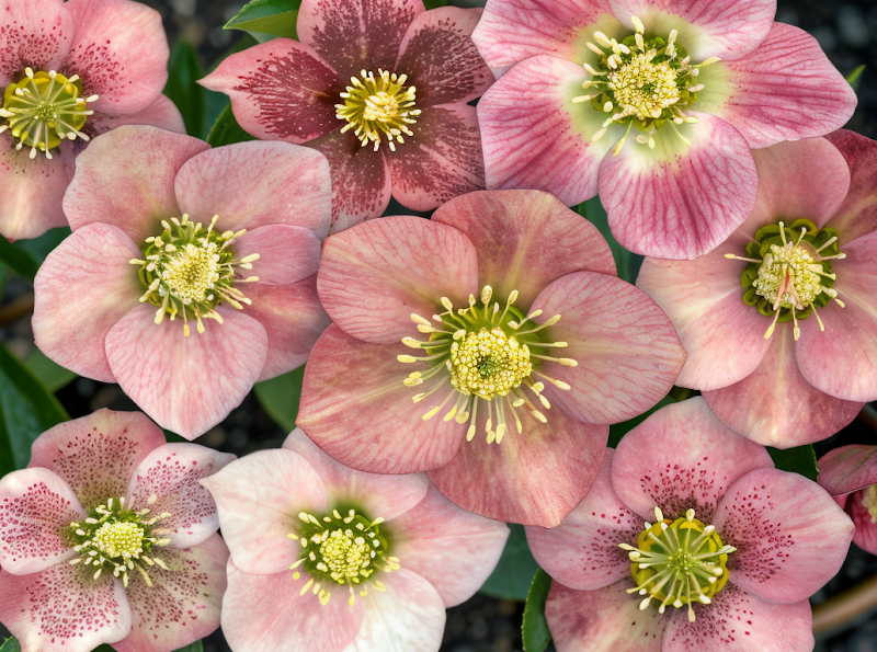 Helleborus orientalis 'Magic Pink' con fiori rosa pallido in un giardino ombroso