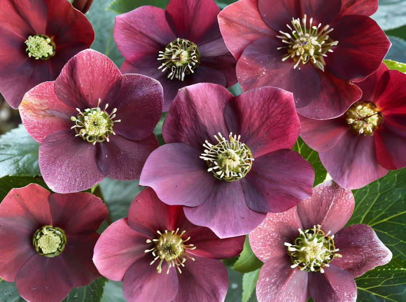 Helleborus orientalis 'Magic Red' con fiori rosso intenso in giardino