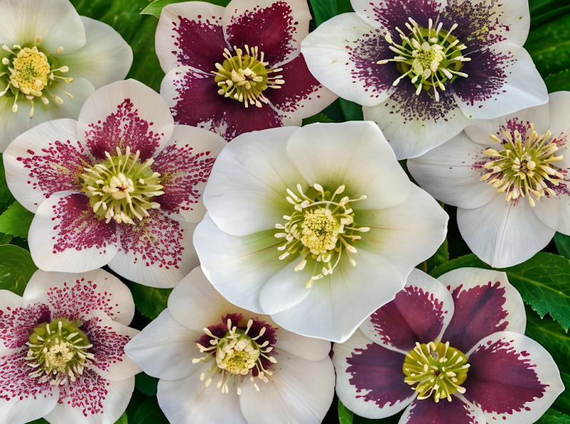 Helleborus orientalis 'Magic White' con fiori bianchi nel giardino invernale