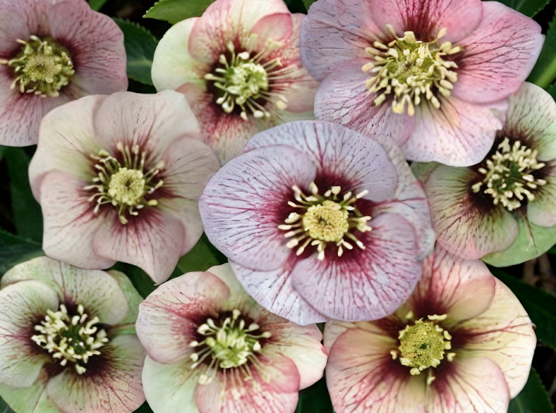 Helleborus x hybridus 'Magic Picotee' con fiori bianco crema e bordi rosa in un giardino invernale.