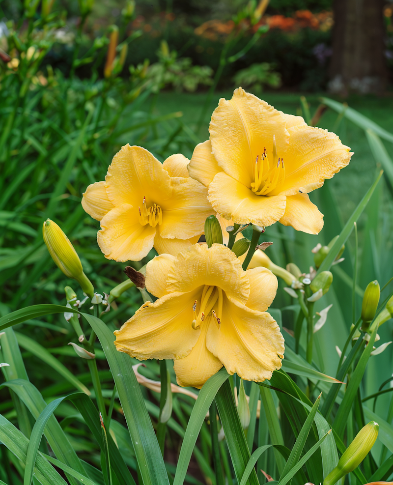 Hemerocallis 'Happy Returns' fiorito in primo piano, fiori gialli vivaci