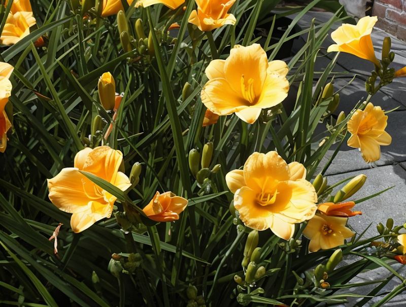 Hemerocallis Stella de Oro in piena fioritura, giardino soleggiato