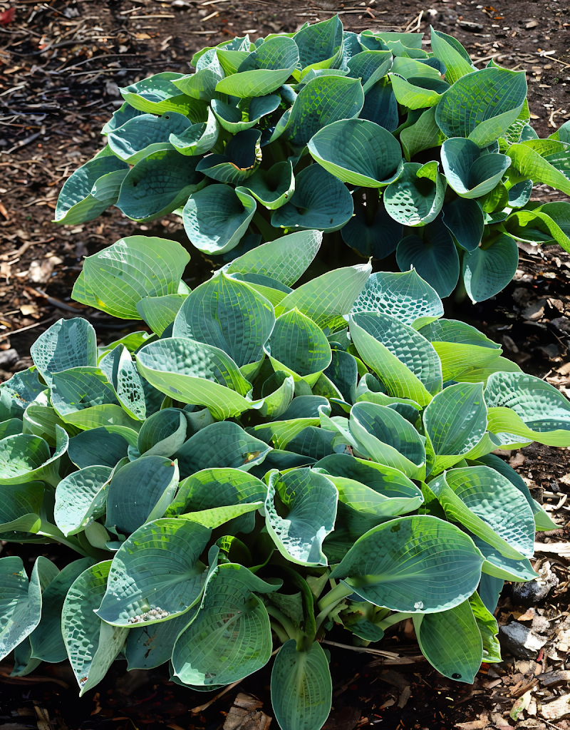 Hosta 'Abiqua Drinking Gourd' con le sue foglie blu-verdi increspate in un giardino ombreggiato.