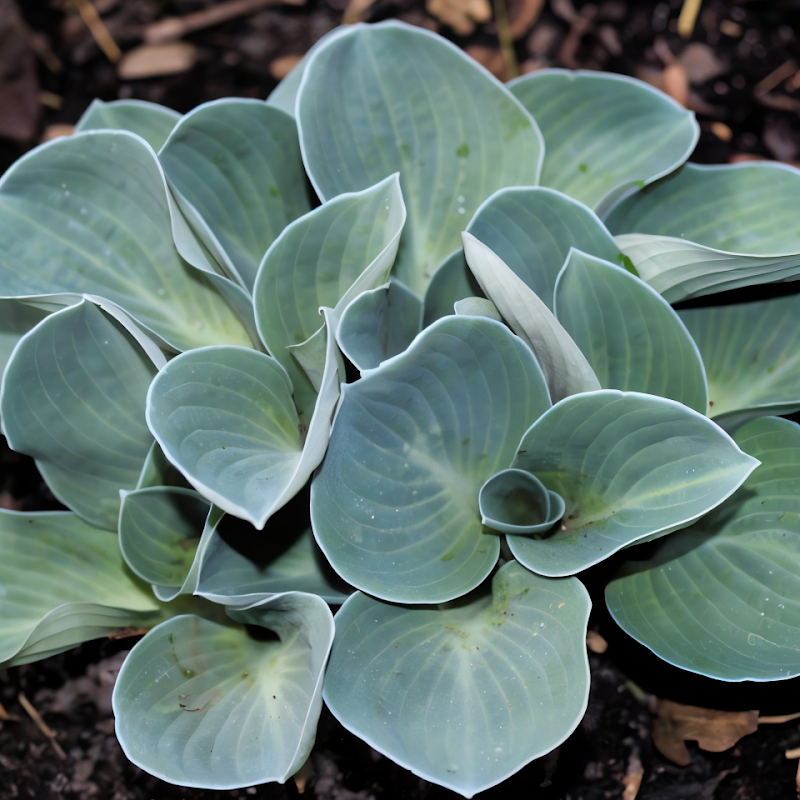 Hosta Blue Mouse Ears in primo piano, foglie blu-verdi e fiori lavanda