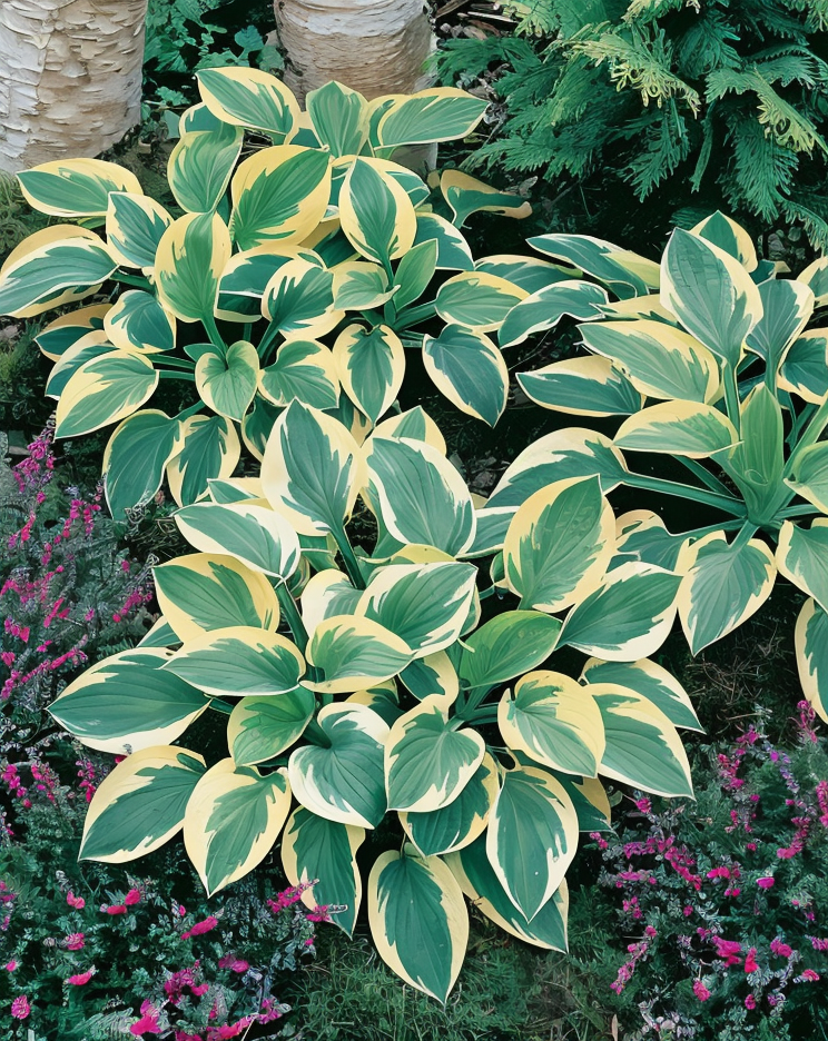 Hosta 'Brim Cup' con foglie variegate e venature marcate in un giardino ombreggiato