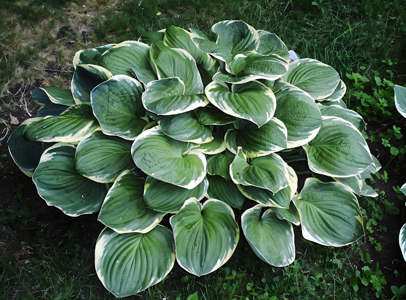 Hosta 'Christmas Tree' con fogliame variegato nel sottobosco del giardino