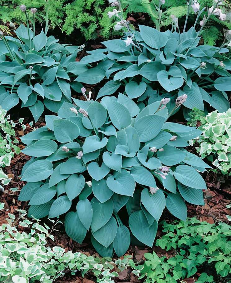Hosta Halcyon con foglie blu-verdi nel giardino ombreggiato